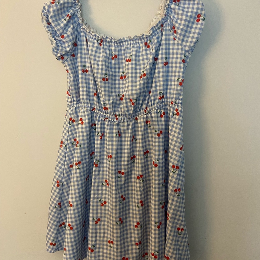 Blue and White Checkered Dress with Cherry Print